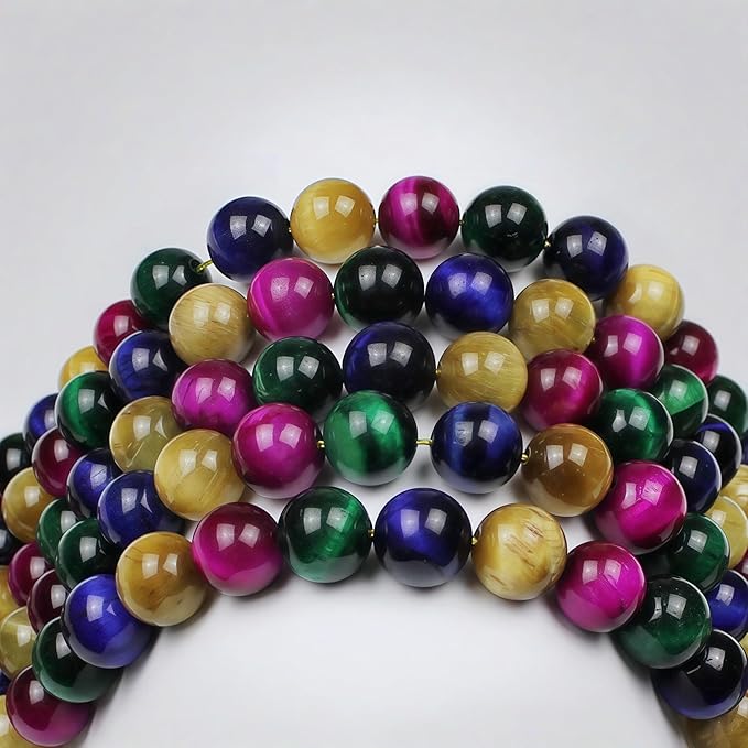 MJDCB Stone Beads 10mm 35pcs Round Mixed Color Tiger's Eye Loose Gemstone Bead Charms for Jewelry Making Bracelet Necklace Earring Pendant