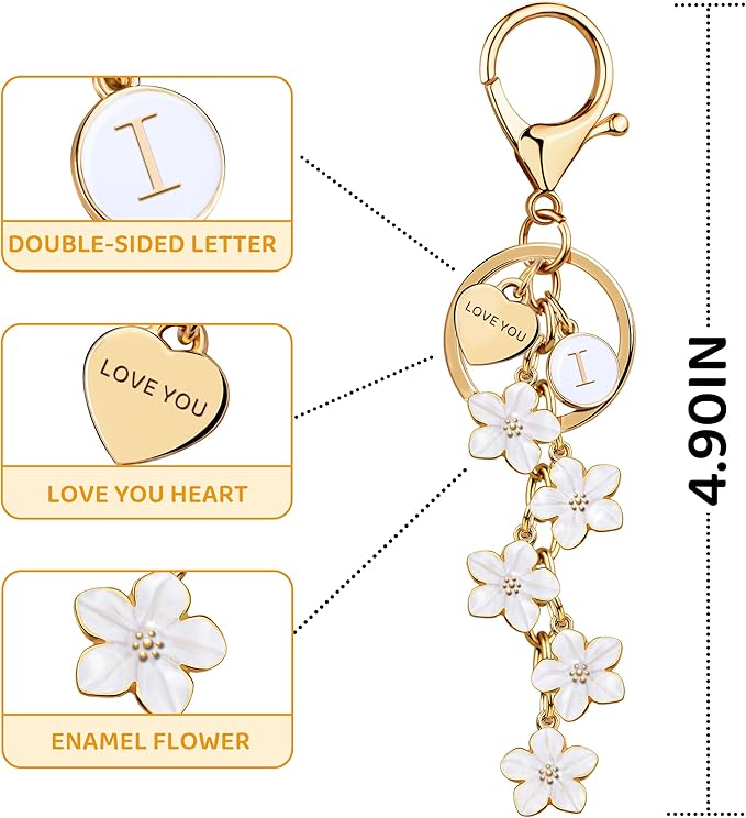 Suweibuke Cute Initial Letter Keychain with Love You Heart, Enamel Flower Charm for Key Handbag Backpack - Women Girls Gifts