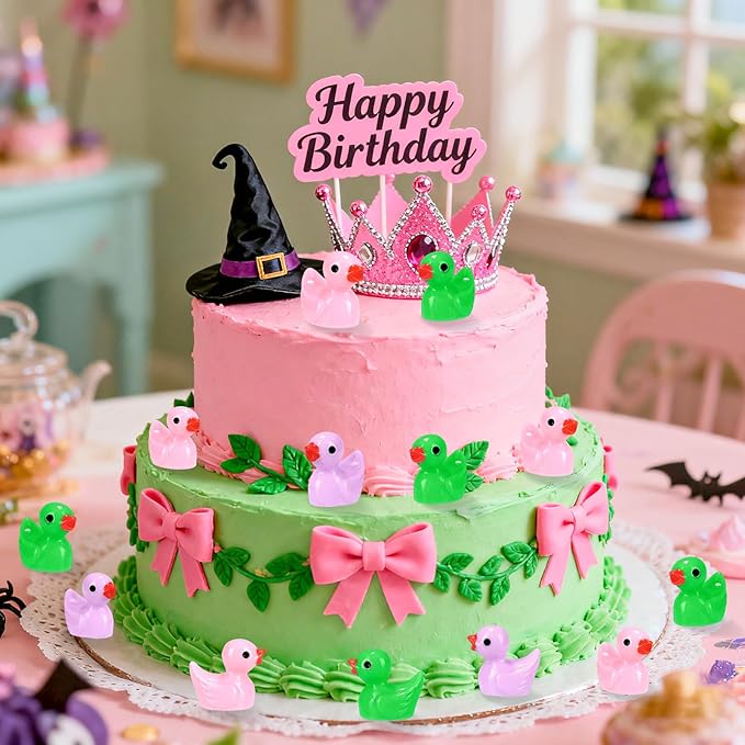 240 Pcs Witch Theme Mini Resin Ducks Miniature Green and Pink Tiny Small Duck Figurines Bulk for Birthday Party Favor Gift DIY Craft Dollhouse Garden Decor