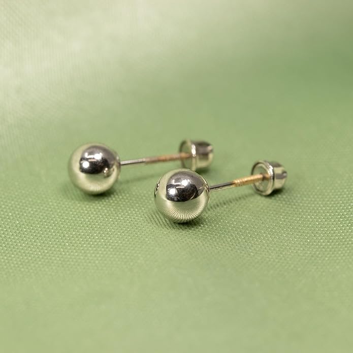 14k Real White Gold Ball Stud Earrings for Women & Men (2mm-8mm Diameter) - Real 14k Gold, Secure Screw Back Design