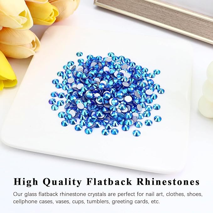 1440PCS SS3 Crystal Glass Flatback Rhinestones, Round Flat Back Crystal Gems for Nail Art and Craft Clothes, Glue Fix Diamond Stones Capri Blue AB (1.3-1.4mm)