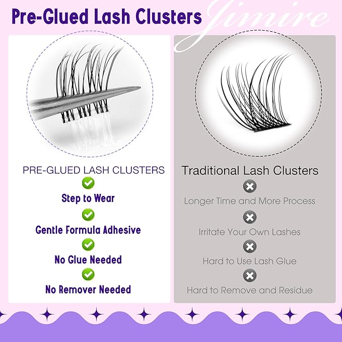 JIMIRE Self Adhesive Eyelashes Wispy Lash Clusters Natural Look 9-12MM Press on Lashes Self Adhesive Lash Clusters No Glue Needed Natural Pre Glued Lashes Clusters Reusable Invisible Band