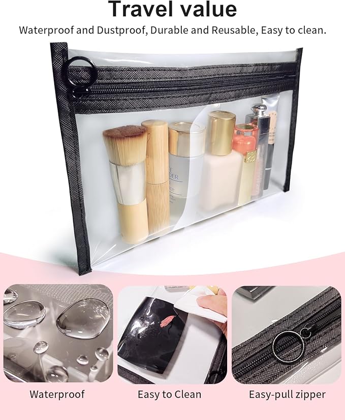 Clear Makeup Bags, 3 Pack Small Waterproof Cosmetic Toiletry Bags with Zipper, PVC Clear Travel Bags for Women and Men Travel Airport Organizing, Black