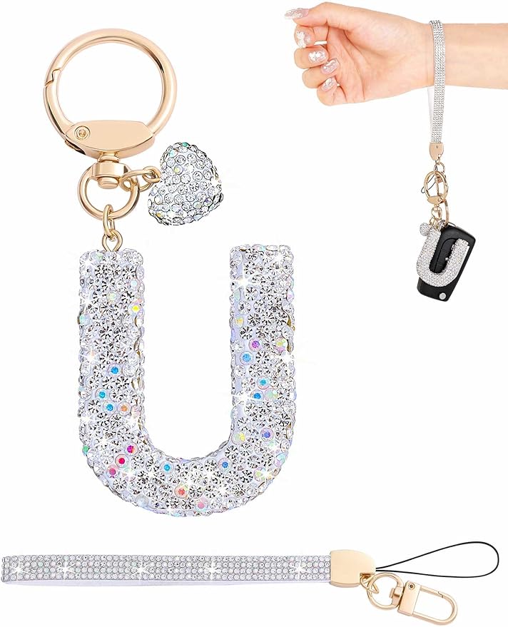 Initial Keychain for Women Girls,Bling Letter Key chain Initial with Heart,Pink Keychain Charms for Backpack Handbag