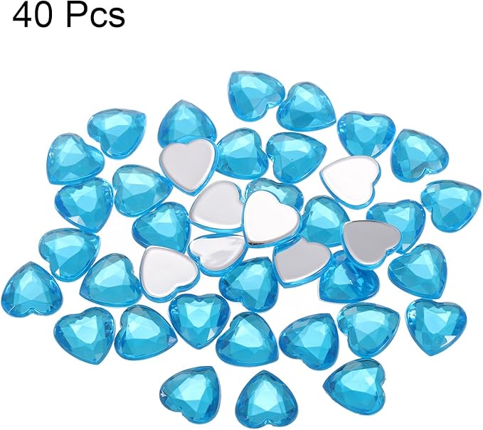 MECCANIXITY 40 Pcs Acrylic Heart Rhinestone 12mm Flat Back Plastic Gems Jewelry Stickers for Craft Bead Face Painting Costume Jewelry Making, Lake Blue