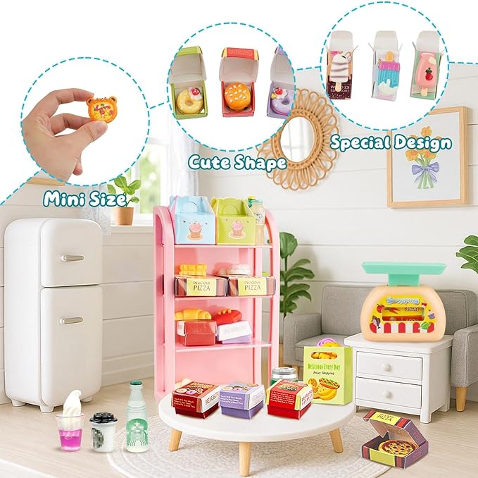 196Pcs Dollhouse Miniature Store Grocery Accessories Mini Shopping Cart Basket 4 Three-Layer Shelves Supermarket Metal Handcart Resin Food Drink Bottle Cash Register Packaging Box