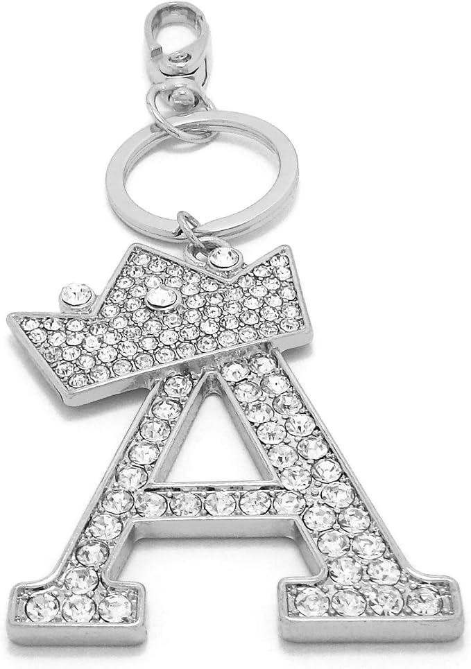 CBC Crown Crystal Rhinestone Letter Initial Keychain, Gold Metal, Bag Charm with Key Ring Approx. 2.17" x 2.56"