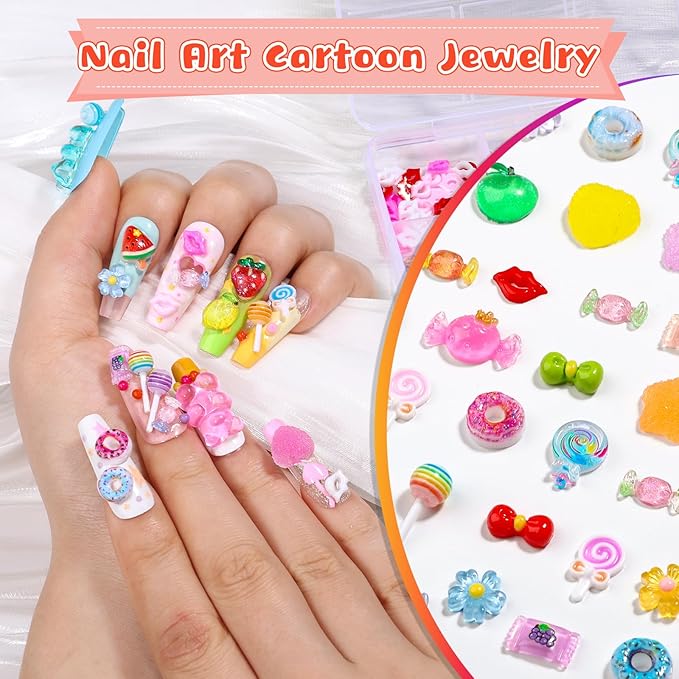200PCS Kawaii Nail Charms Kit, 3D Lip Candy Gummy Bear Resin Charms for Acrylic Nails, Sweet Nail Art Supplies with Tweezers for DIY Crafts, Slime & Shoe Decor