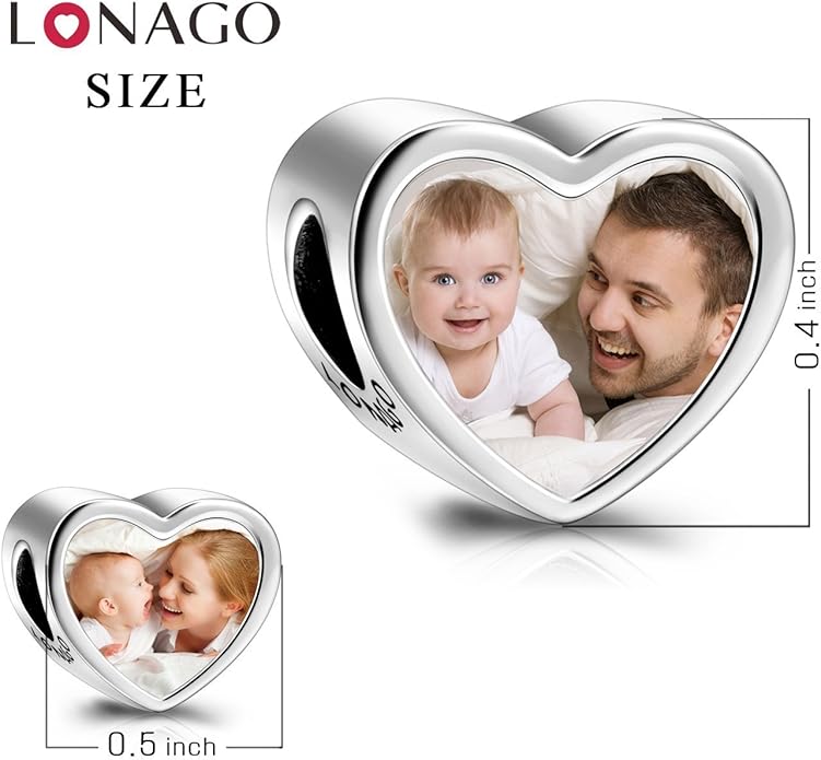 LONAGO 925 Sterling Silver Personalized Photo Charm Fit Compatible for Bracelet Necklace Customized Heart Round Shape Picture Bead