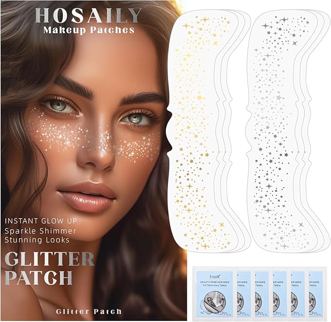 HOSAILY 6 PCS Glitter Freckles Face Tattoo, Gold&Silver Waterproof Face Sparkle Glitter Speckles Patches for Women, Cute Star Metallic Glitter Temporary Tattoo Makeup Accessories for Festival #Set A