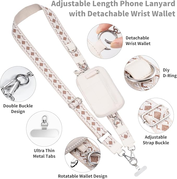 Clip and Go Strap for Phone with Wallet Crossbody Phone Lanyard with Anti-Theft Zipper Pouch Detachable Quilted Wrist Wallet with RFID and ID Window for Daily Travel. Apricot Large