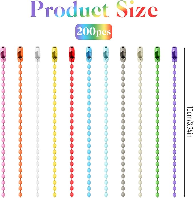 200 Pcs Ball Bead Chain, 3.94 Inch Colorful Ball Chain for Keychain Making Metal Dog Tag Chains with Connector Beaded Chains for Jewelry Making Key DIY Craft Hanging Christmas Ornaments