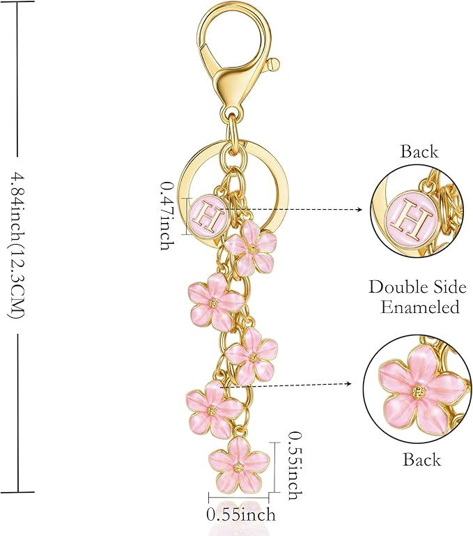 XGALBLA White Pink Black Cute Initial Letter Keychain for Women, Flower Bag Charms Enamel Keyring for Handbag Backpack