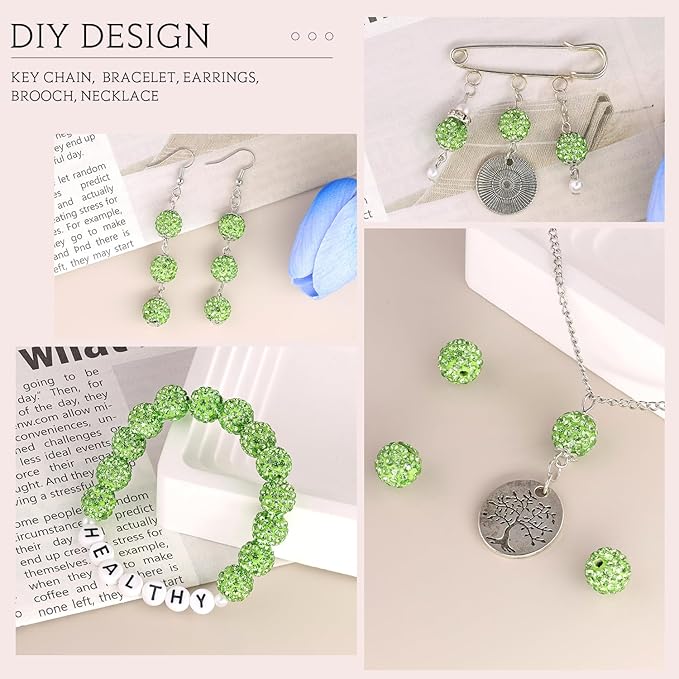 200 Pcs Light Green Rhinestone Beads for Jewelry Making, Sparkle Crystal Clay Christmas for Bracelet Baseball Necklace Earring Crafting and DIY, Shiny Round Shamballa Disco Ball Beads Bulk