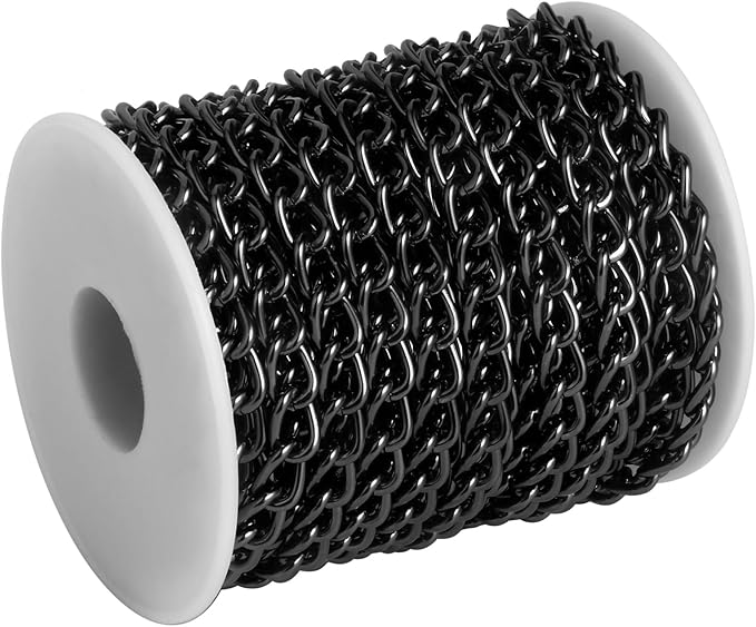 [33ft] Gunmetal Chain for Jewelry Making, 7mm Wide Black Aluminum Curb Link Chain Roll Bulk for DIY Jewelry Making Craft