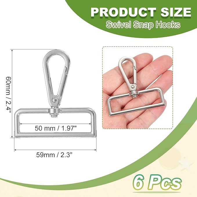 Swivel Snap Hooks, Metal D Ring Keychain Lanyard Clip Hook Lobster Clasp Claw Push Gate Clip - Fitting for(Purse Making - Sewing - DIY Crafts) 6 Pcs & 2" & Silver White