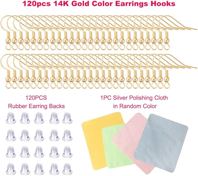 Earring Hooks for Jewelry Making - 120 pcs/60 Pairs Hypoallergenic 14K Gold Ear Wires Fish Hooks for Jewelry Making, Jewelry findings Parts with 120 pcs Rubber Earring Backs Stopper for DIY Earrings