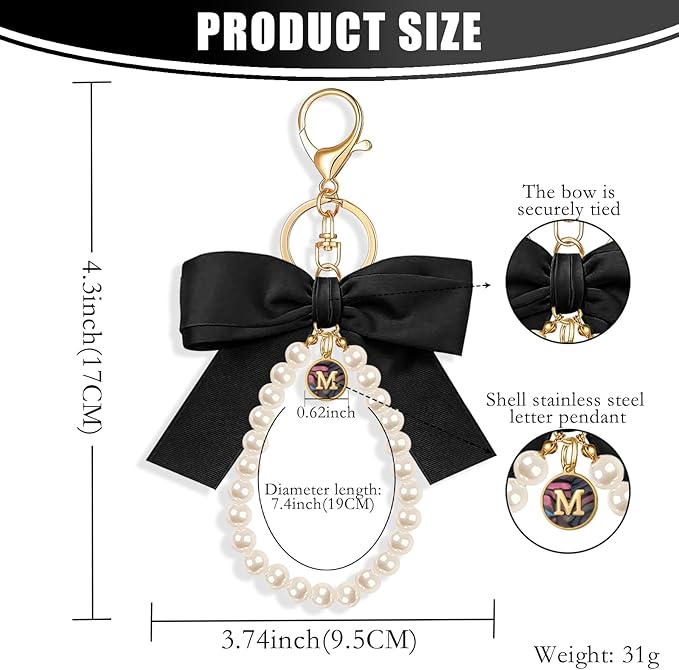 XGALBLA Initial Letter Cute Coquette Bow Keychain for Women, Wristlet Simulated Pearl Keychains Bag Charms for Handbags