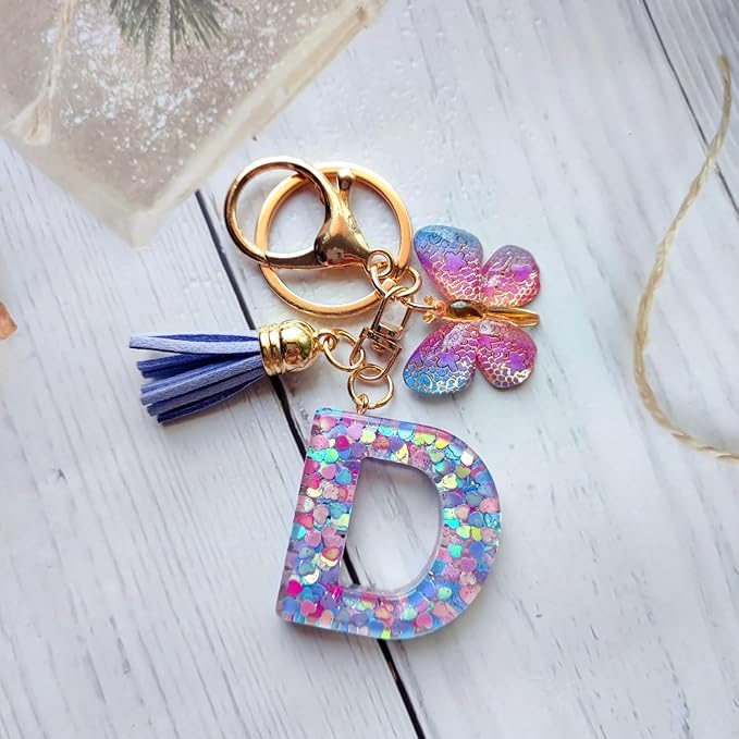 Cute Initial Letter Keychains for Women Girls Tassel Butterfly Pink Purple Green Keychain for Backpack School Bag