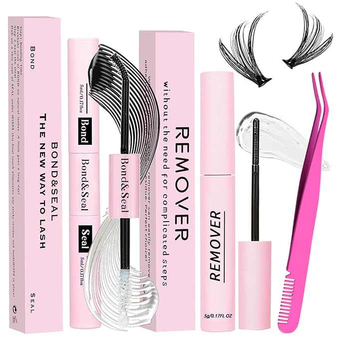 Lash Bond and Seal Kit 3Pcs DIY Lash Extension with Waterproof Lashe Cluster Glue 72h Hold and Seal Lash Remover Tweezers for Eyelash Extensions Beginners Self Use at Home
