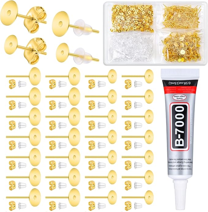 Evatage Jewelry Glue with 1002Pcs Stainless Steel Earring Posts and Backs, Gold Stud Posts with Butterfly and Rubber Bullet Earring Backs for Jewelry Making Supplies Kit