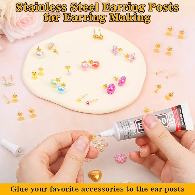 Evatage Jewelry Glue with 1002Pcs Stainless Steel Earring Posts and Backs, Gold Stud Posts with Butterfly and Rubber Bullet Earring Backs for Jewelry Making Supplies Kit