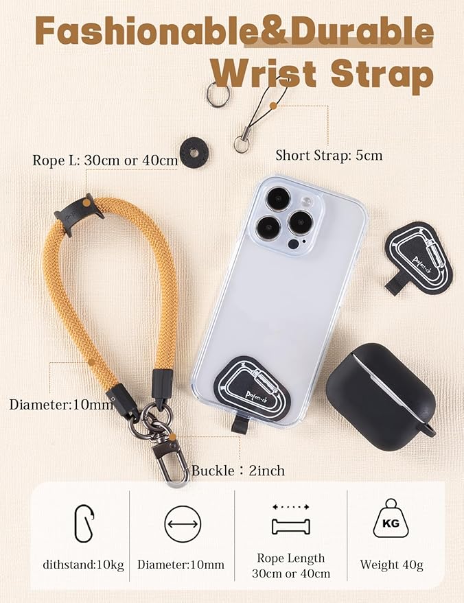 project-cb Hand Wrist Phone Strap,Phone Lanyard Patch ×2,Cell Phone Case Holder,Wristlet Strap for Key,AirPods,Camera (Khaki, 12inch)