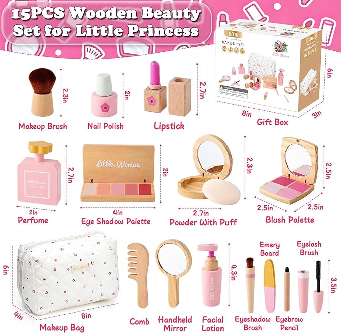 Wooden Makeup Toy Set for Girls - Pretend Play Makeup Kit for Toddlers 3-5 with Eyeshadow/ Mascara/ Perfume/ Blush/ Mirror/ Bag, Birthday Gifts for Girls Toys Kids Aged 3 4 5 6 7 8