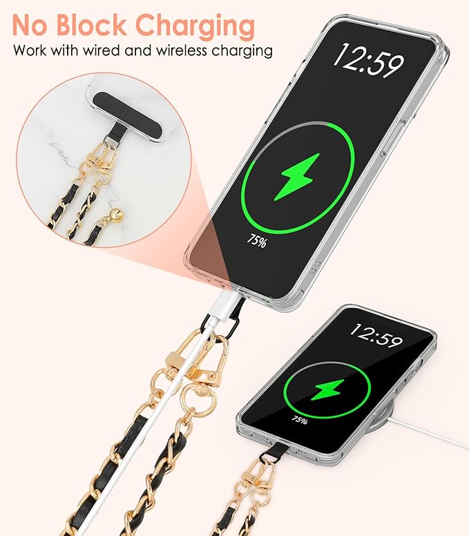 MoKo Universal Phone Lanyard, Adjustable Metal Cell Phone Chain Crossbody Strap Anti-Theft Detachable Women Cellphone Lanyards Around the Neck with Patches for iPhone, Most Smartphones,Black