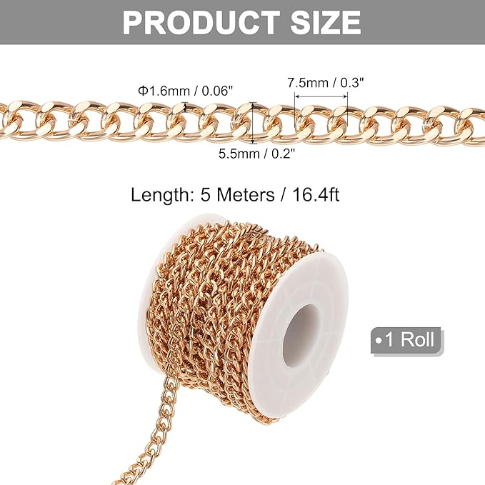 PATIKIL 16.4Ft Aluminium Curb Chains Twisted Links, 7.5x5.5mm Curb Chain Spool Jewelry Making Chains Craft Chain for Necklace Bracelet Earring, Rose Gold
