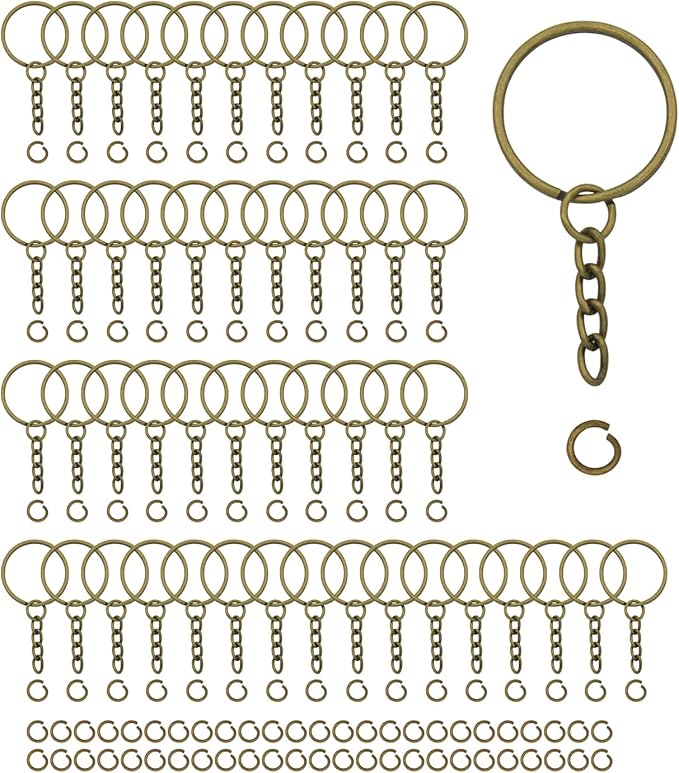 50Sets 1 inch Keychain Rings Bronze Split Round Key Ring with Chain and Open Jump Rings for DIY Keychain Making Crafts