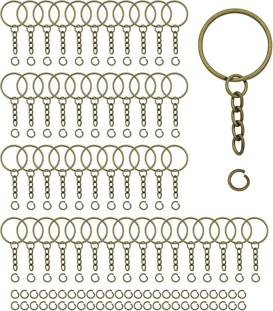 50Sets 1 inch Keychain Rings Bronze Split Round Key Ring with Chain and Open Jump Rings for DIY Keychain Making Crafts