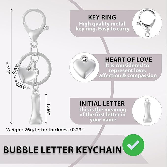 Heart Bubble Letter Keychain for Women, Girls - Cute Keychain with Initial - Alphabet Keychain for Bag Charm, Handbag