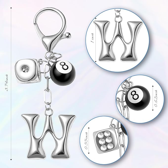 8 Ball Dice Keychain with Silver Bubble Initial - Y2K Aesthetic Cute Bag Purse Charms for Women