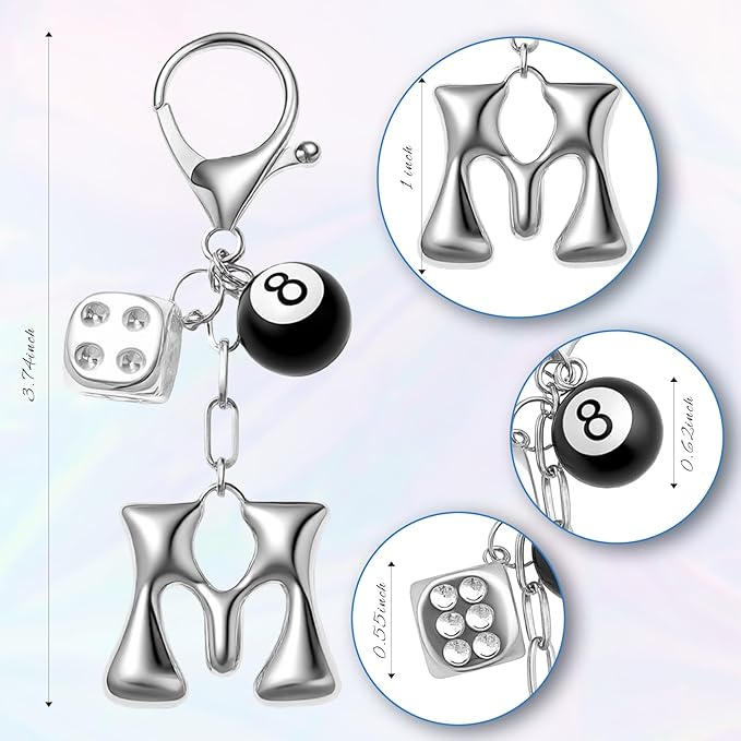 8 Ball Dice Keychain with Silver Bubble Initial - Y2K Aesthetic Cute Bag Purse Charms for Women