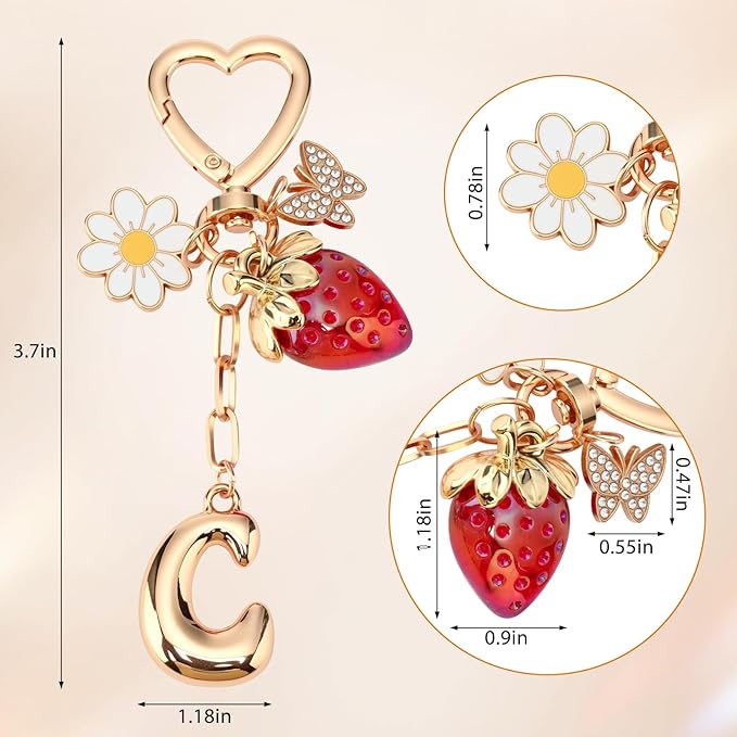 Strawberry Initial Keychain for Women-Cute Kawaii Gold Alphabet Bag Charms, Key chain Gift for Purse Handbag