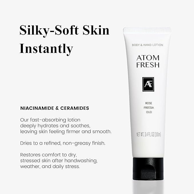 Atom Fresh Hand Cream for Women, Ocean Breeze | Deep Repair Hand Lotion with Ceramides & Niacinamide | Strengthens Skin Barrier & Soothes Dry, Sensitive Hands | Fast-Absorbing, Vegan (3.4 fl oz)