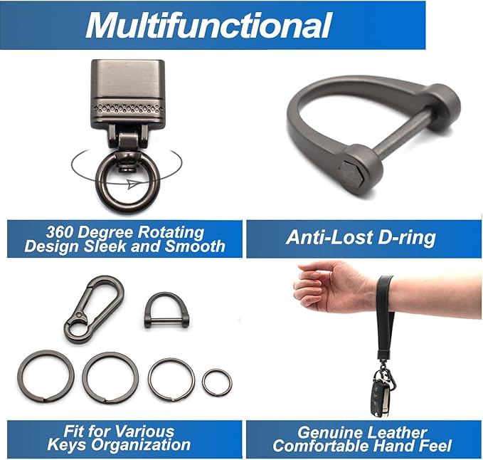 Car Fob Key Chain Genuine Leather Wristlet Strap Keychains Holder for Men and Women, 360 Degree Rotatable, with Anti-lost D-Ring, Carabiner Clip and 4pcs Key Rings, Dark and Black