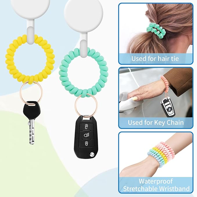 Spiral Keychain Stretchy Wrist Coil Bracelet Key Chain Waterproof Wristlet Key Holder for Pool, Sauna, Sports, Gym