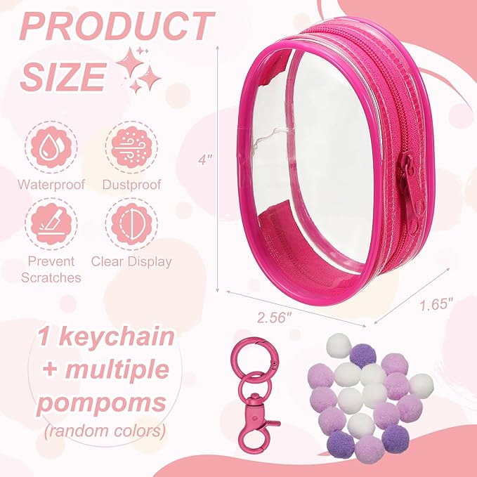 uxcell 4 Inch Clear Figure Display Bag, Mini Clear Pouch Waterproof Coin Pouch with Keychain and Pom Poms for Blind Box Doll Display (Round, Red)