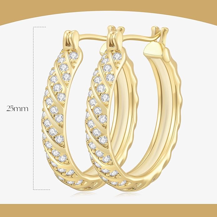 14K Gold Plated Hoop Earrings for Women 14K Gold Plated Earrings Jewelry Spiral Cubic Zirconia Thick Hoops Hypoallergenic Womens Huggie Earring 25/30MM