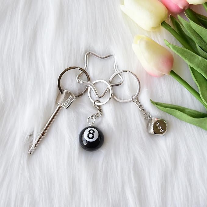 8 Ball Keychain Silver Star Key Chain Bottle Opener Dice Cute Bag Charm Decor for Handbag Backpack Gift for Him Her