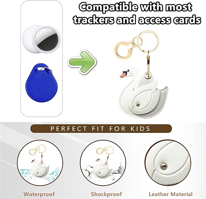 Leather Keychain Holder Case Compatible with AirTag,Cute Protective Cover with Keyring,Anti-Scratch Finder GPS Tracker Case for Wallet Keys,Bag,Pets(Swan White)