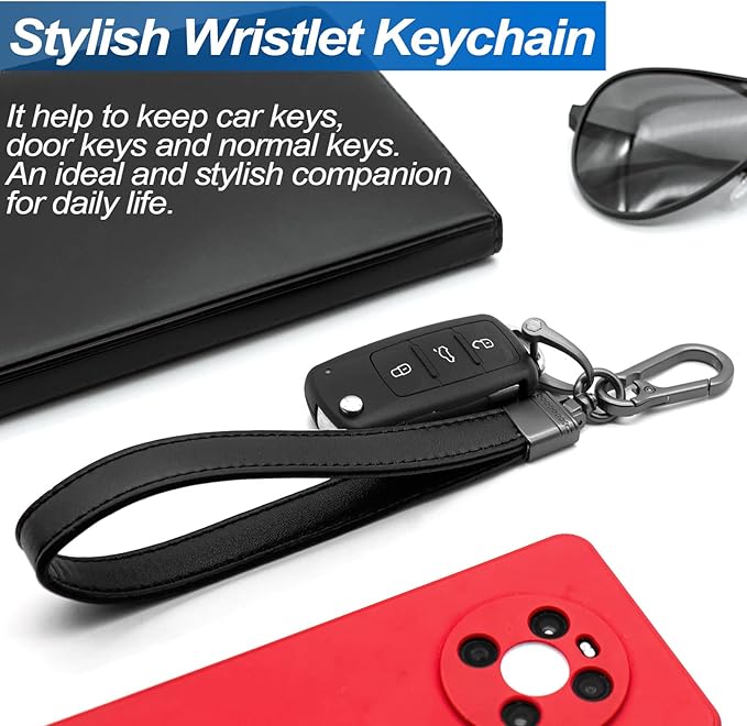 Car Fob Key Chain Genuine Leather Wristlet Strap Keychains Holder for Men and Women, 360 Degree Rotatable, with Anti-lost D-Ring, Carabiner Clip and 4pcs Key Rings, Dark and Black