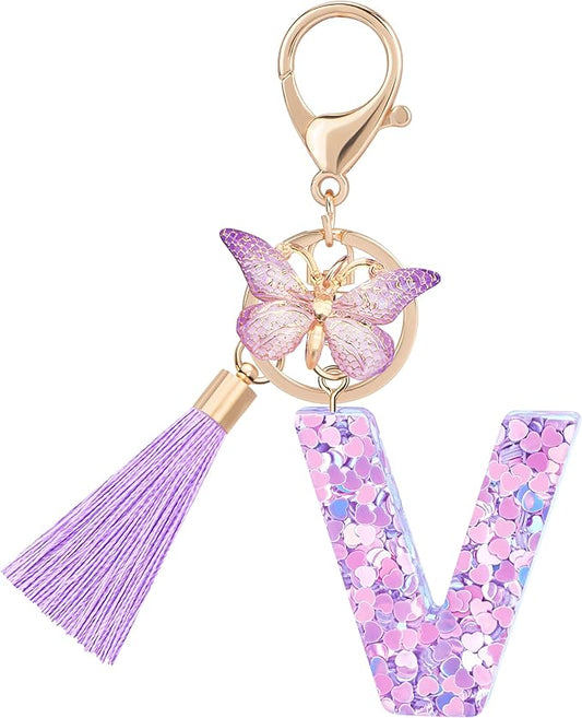 Initial letter Keychains for Women Girls Tassel Butterfly Cute Keychain for Wallet Backpack charm