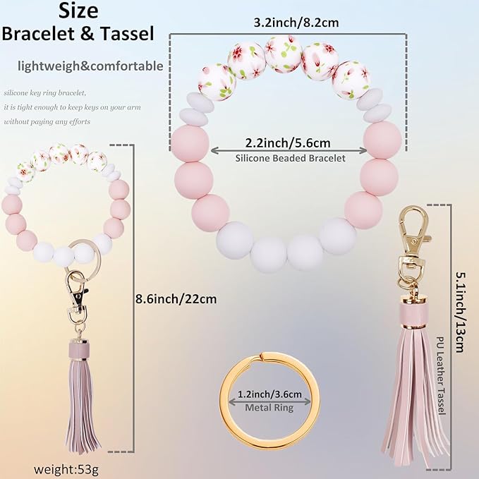 BIHRTC Key Ring Bracelet Car Keychain Holder Wristlet Silicone Women Beaded Bangle Chains