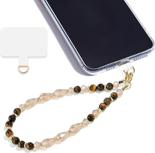 Marble Beaded Phone Wrist Strap,Detachable Phone Bracelet Strap with Tether Tab,Hands-Free Wristlet Strap (Tiger Eyes Crystal)
