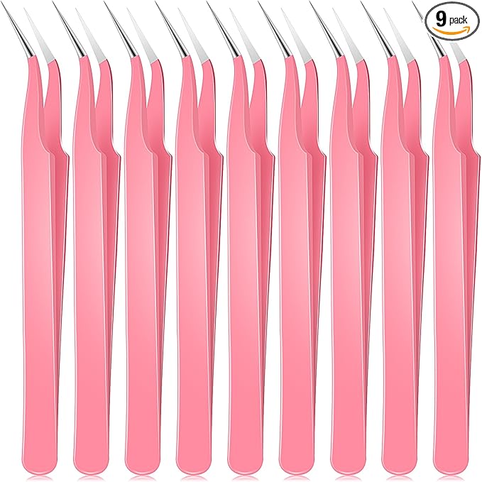 Honoson 9 Pieces Curved Pointed Craft Tweezers Stainless Steel Precision Tweezer with Protective Cover for Rhinestones Dried Flowers Craft Stickers Eyelash Extension Jewelry Making(Pink)