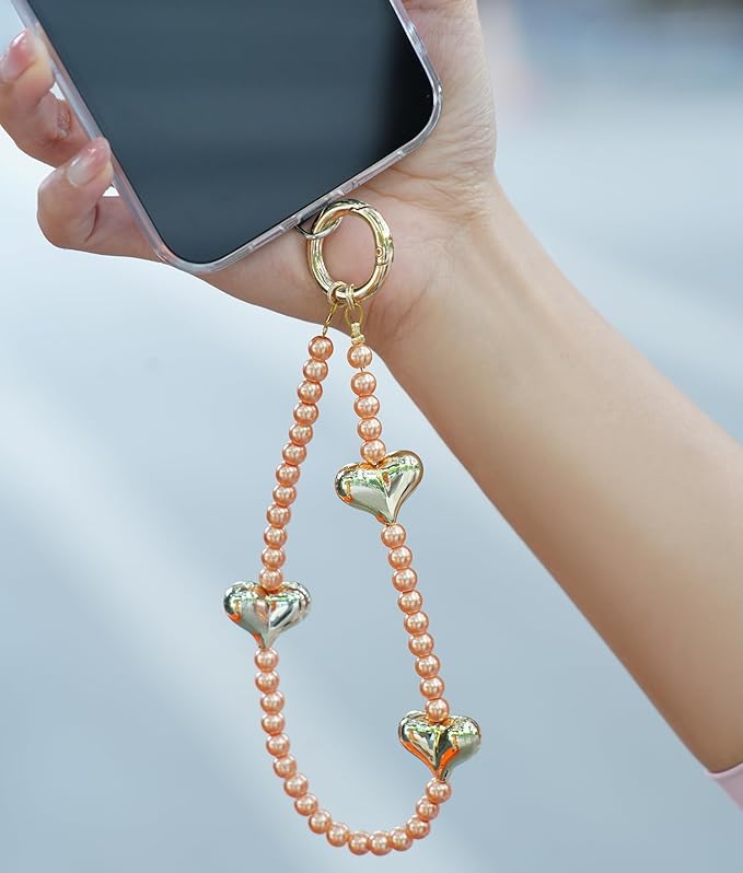 Beaded Phone Wrist Strap for Women Pearl Wristlet Strap Cute Phone Lanyard Golden Heart Shaped Bead Cellphone Chain (Orange)