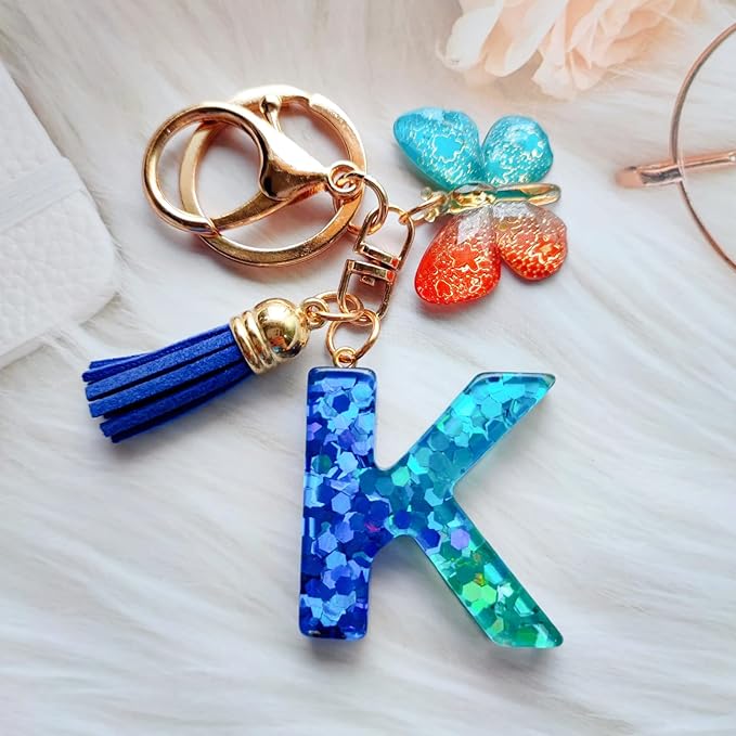 Cute Initial Letter Keychains for Women Girls Tassel Butterfly Pink Purple Green Keychain for Backpack School Bag